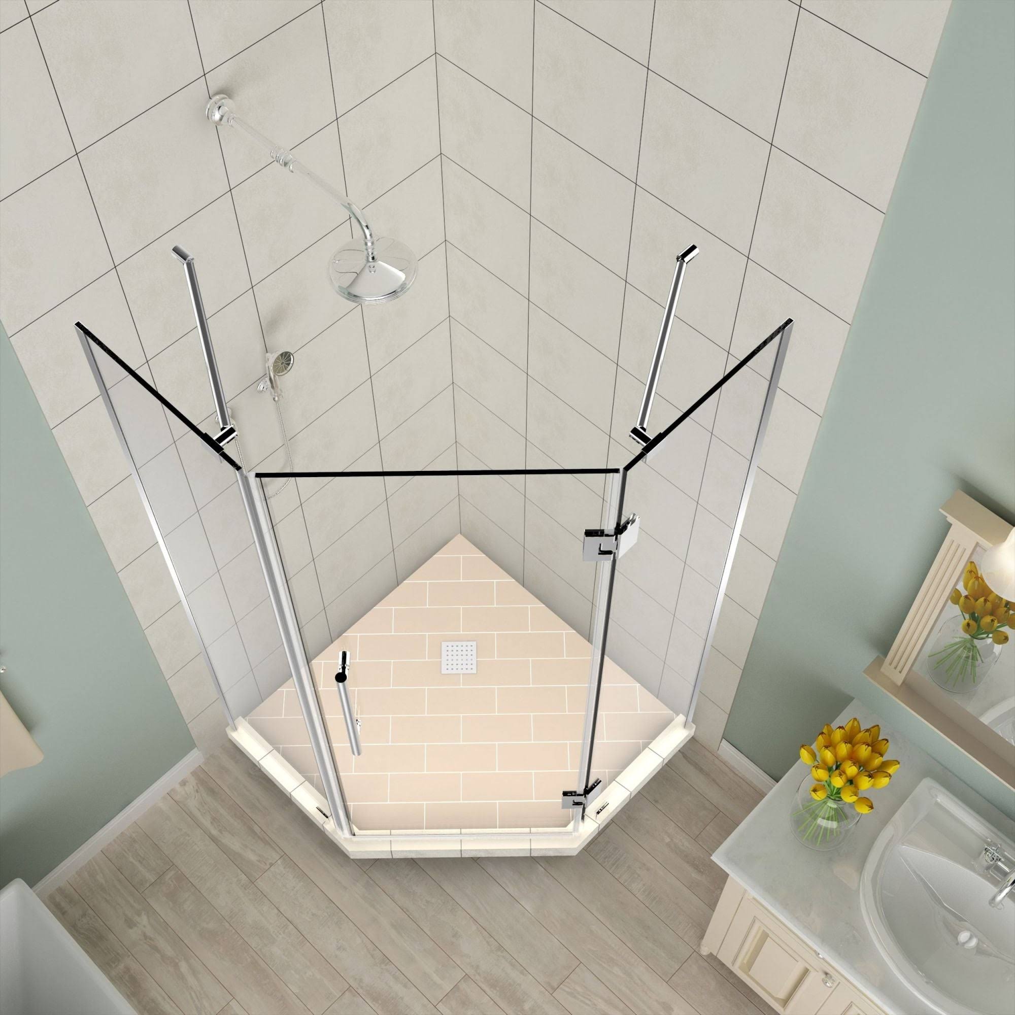Aston Merrick 42 in. to 42.5 in. x 72 in. Frameless Hinged Neo-Angle Shower Enclosure in Stainless Steel