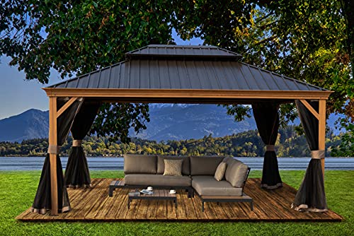 Kozyard Apollo 10’x12’ Hardtop Gazebo, Wooden Coated Aluminum Frame Canopy with Galvanized Steel Double Roof