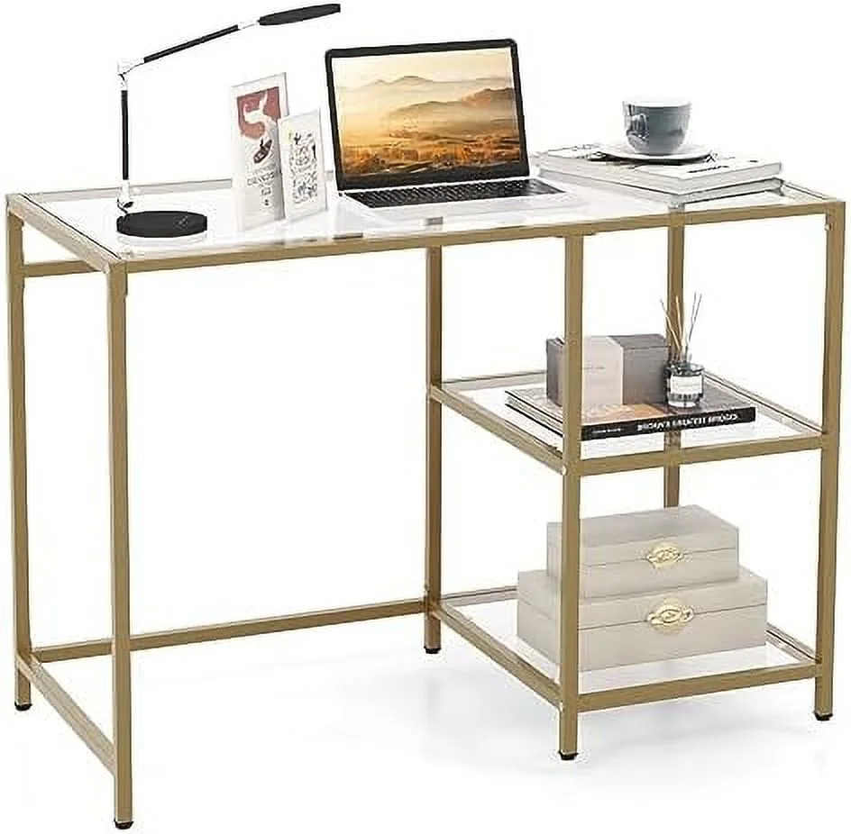 HJZBNONE Tempered Glass Computer Desk with 2-Tier  Shelves  Modern Computer Workstation  Vanity Makeup Table  Sturdy Metal Frame  Home Office Desk