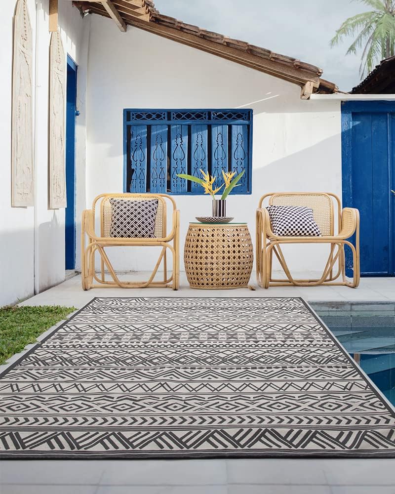 MontVoo-5 x 8 Outdoor Rug Carpet Non Slip Machine Washable Area Rugs Boho Outdoor Patio Decor Black and White Outdoor Rug Geometric Rubber Backed