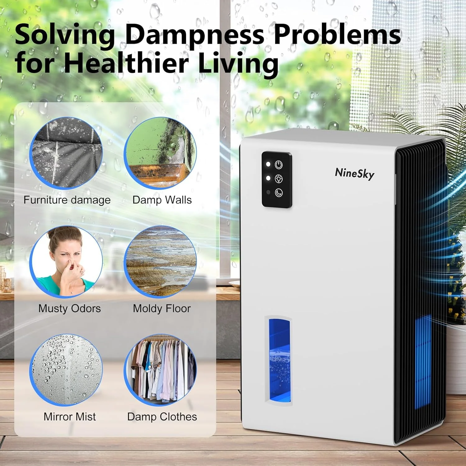 NineSky Dehumidifier for Home, 85 OZ Water Tank, (800 sq.ft) Dehumidifiers for Bathroom Bedroom with Auto Shut Off,7 Colors LED Light(White)