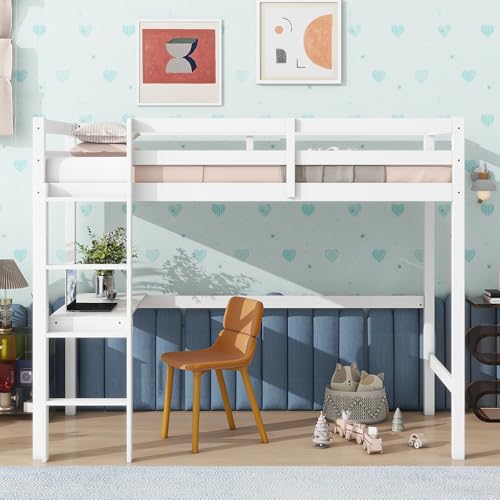 Low Loft Bed Twin Size, Kids Solid Wood Modern Loft Bed Frame with Ladder and Safety Guardrail for Girls Boys, Noise-Free,Non-Toxic Finishes