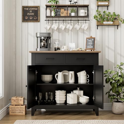 HORSTORS Kitchen Storage Cabinet, Modern Farmhouse Buffet Cabinet with Storage, Coffee Bar with 2 Drawers and 2 Doors