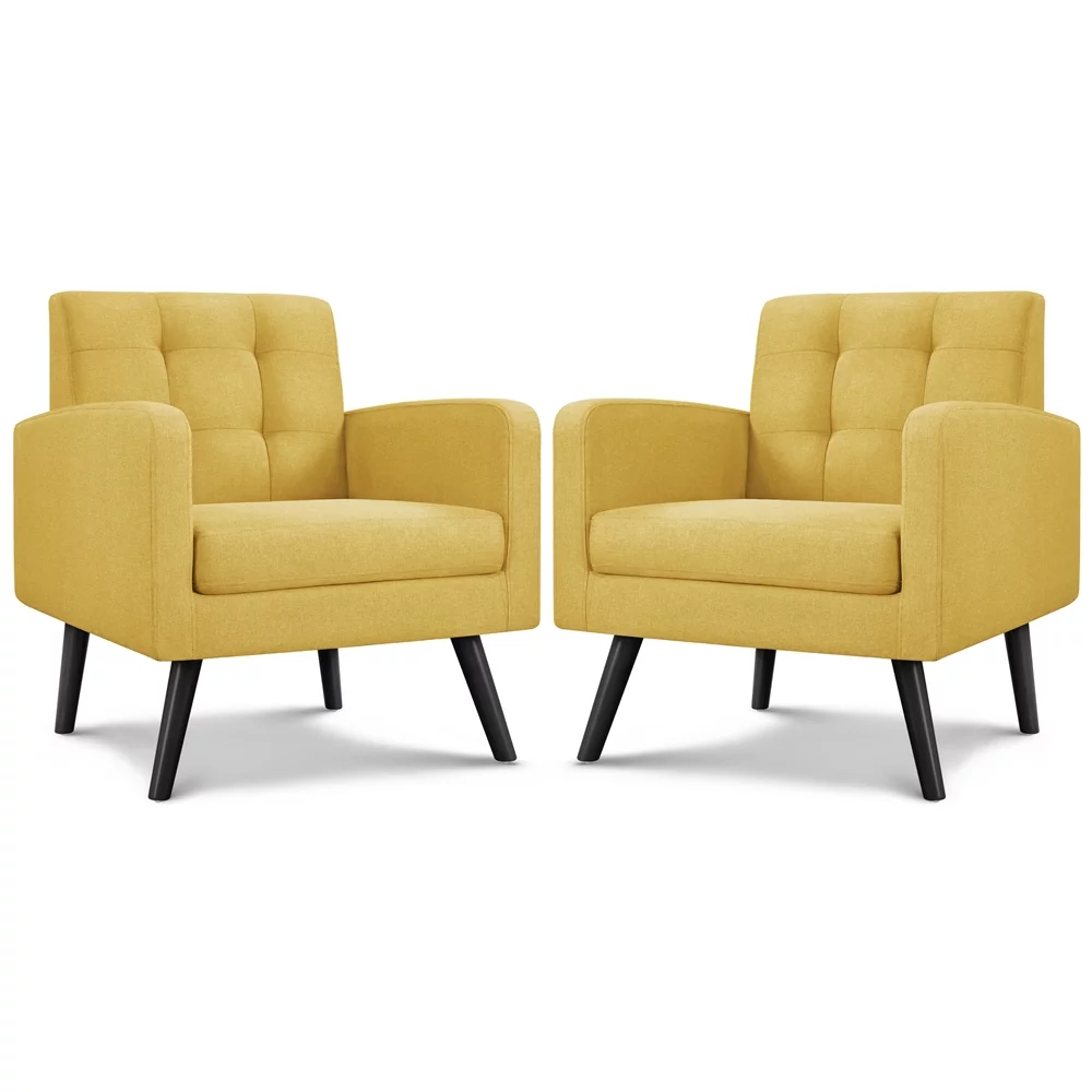 Yaheetech 2pcs Mid Century Fabric Arm Chair Tufted Accent Chair with Wooden Leg, Yellow