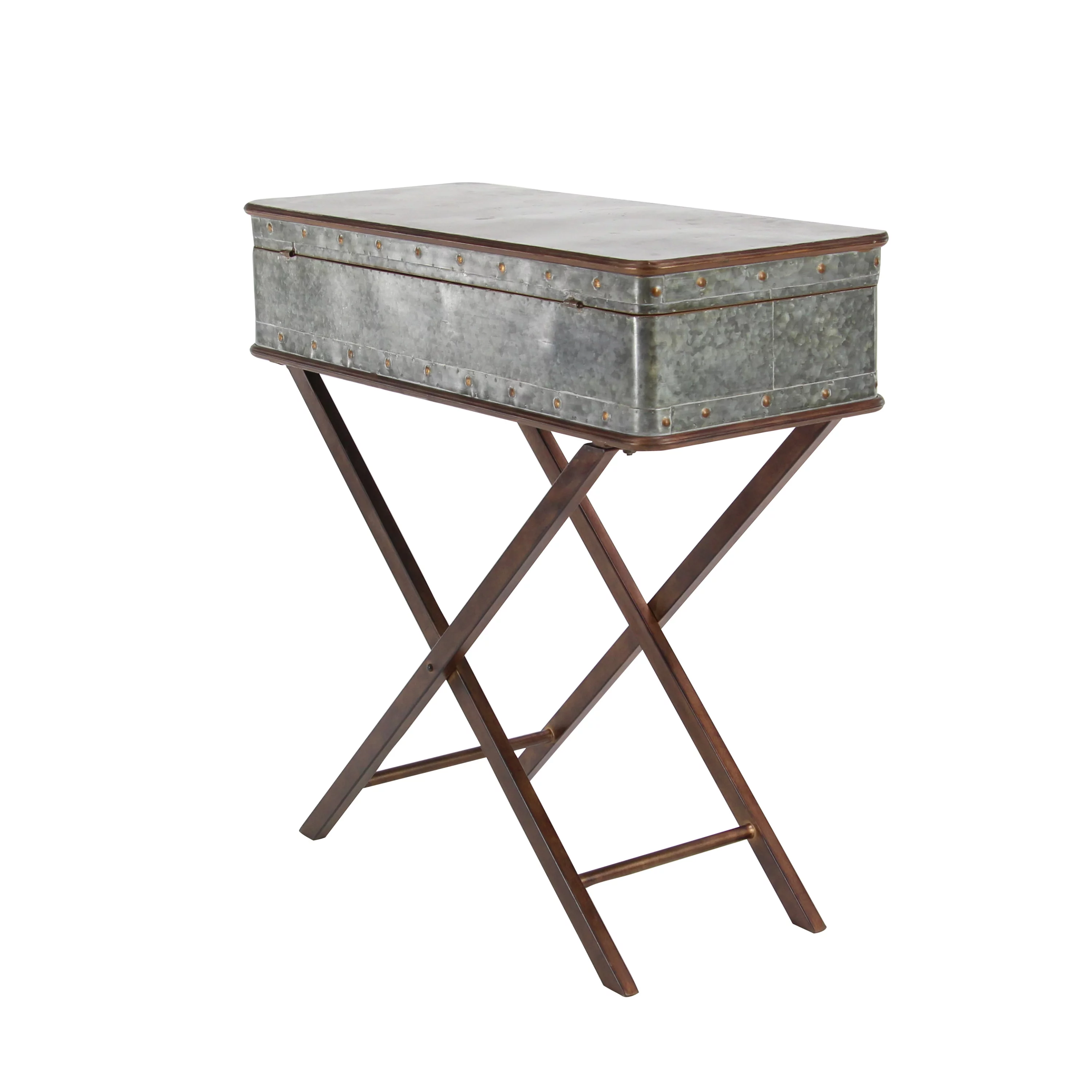 DecMode 32" x 32" Gray Metal Accent Table with Suitcase Style Top, 1-Piece
