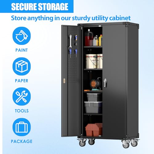 Metal Storage Cabinet with Wheels, 73" H Rolling Garage Cabinets with Locking Doors and Adjustable Shelves for Home Office, Basement, Pantry, Workshop