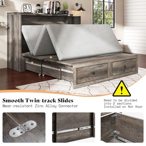 AMERLIFE Queen Murphy Bed with Storage & Charging Station, Farmhouse Murphy Cabinet with Foldable Panel, Noisy Free, for Guest Bedroom, Living Room
