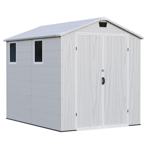 Patiowell 6 x 8 FT Plastic Outdoor Storage Shed with Floor, Resin Outside Tool Shed with Two Windows and Lockable Easy to Install, Door for Garden