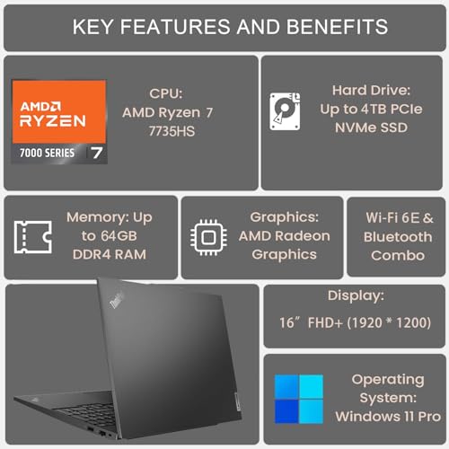 Lenovo ThinkPad E16 G2 Business Laptop Computer, 16" FHD+, AMD 8-Core Ryzen 7 7735HS (Beat i7-1360P), 32GB DDR5, 1TB PCIe SSD, WiFi 6E