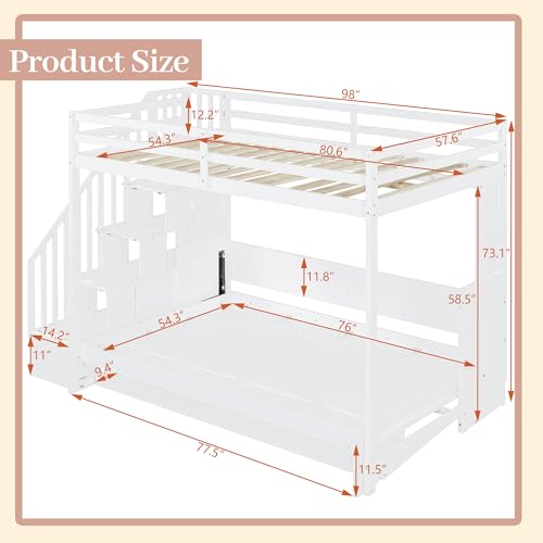 Full Murphy Bed with Stairs, Convertible Wall Bed Frame with Hydraulic Lift & Desk, Murphy Cabinet Beds with Upper Bed for Teens, Boys and Girls