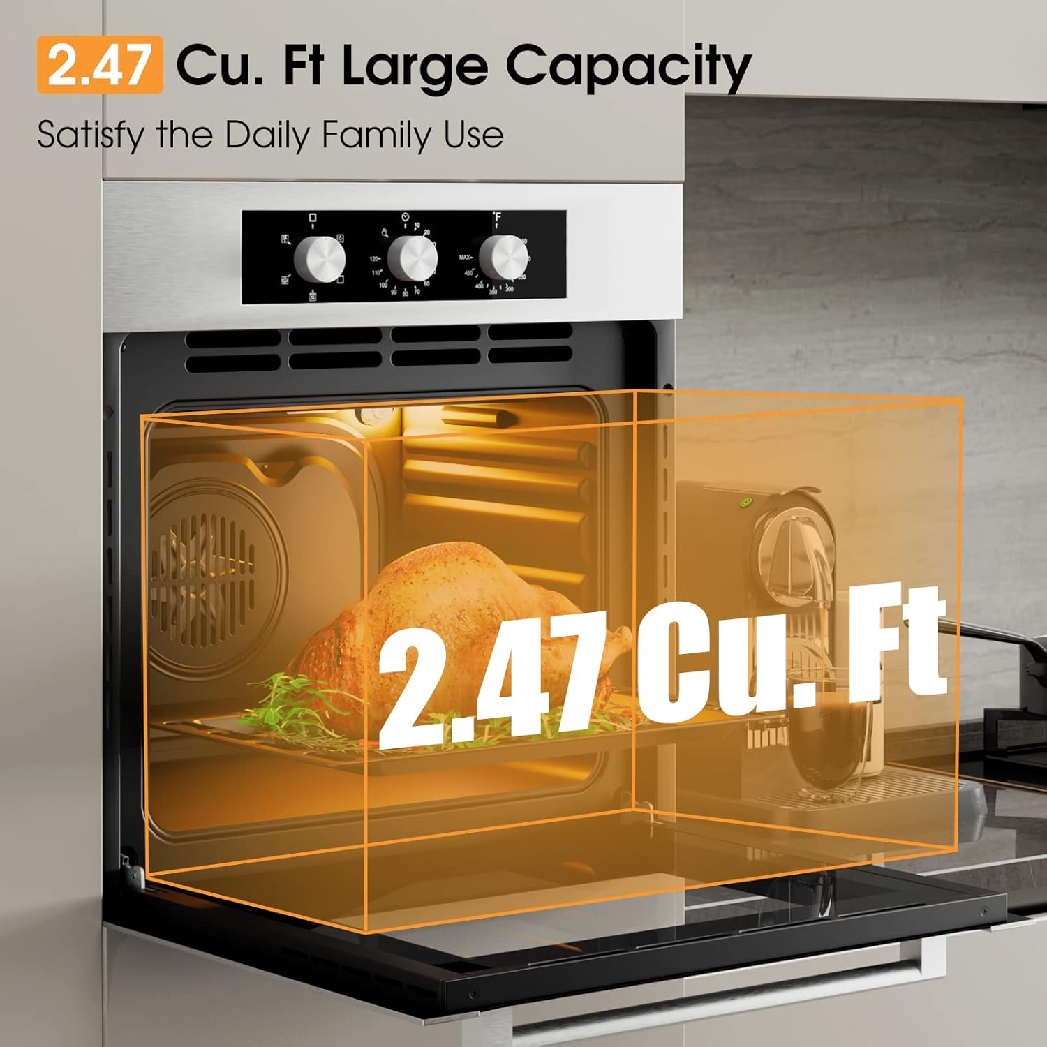 COSTWAY 24" Single Wall Oven, Electric Built-in Wall Oven with 2.47 Cu. Ft. Capacity, 5 Cooking Functions, 360° Rotisserie and Timer