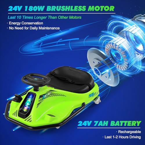 360 Degrees Rotating Ride On Drift Car and 2 Replacement Universal Wheels, 24V Electric Drifting Go Kart for Kids W/Brushless Motor, High/Low Speed