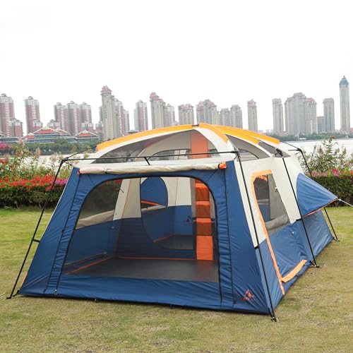 KTT Extra Large Tent 10-12-14 Person(B),Family Cabin Tents,2 Rooms,3 Doors and 3 Windows with Mesh,Straight Wall,Waterproof,Double Layer