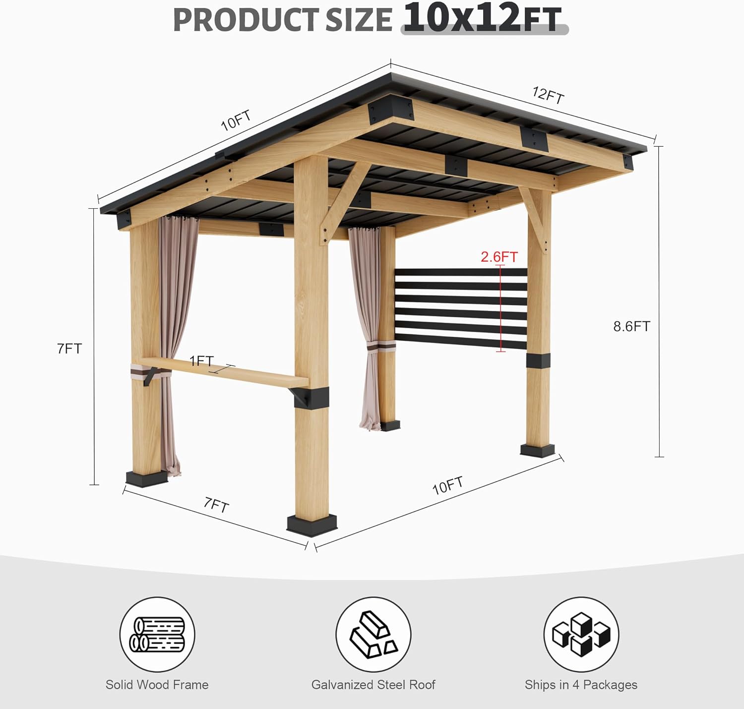 Wood Gazebo 10' x 12', Hardtop Cedar Gazebo with Metal Roof, Outdoor Wooden Gazebo with Curtains, Permanent Pavilion Grill Gazebo for Backyard, Deck