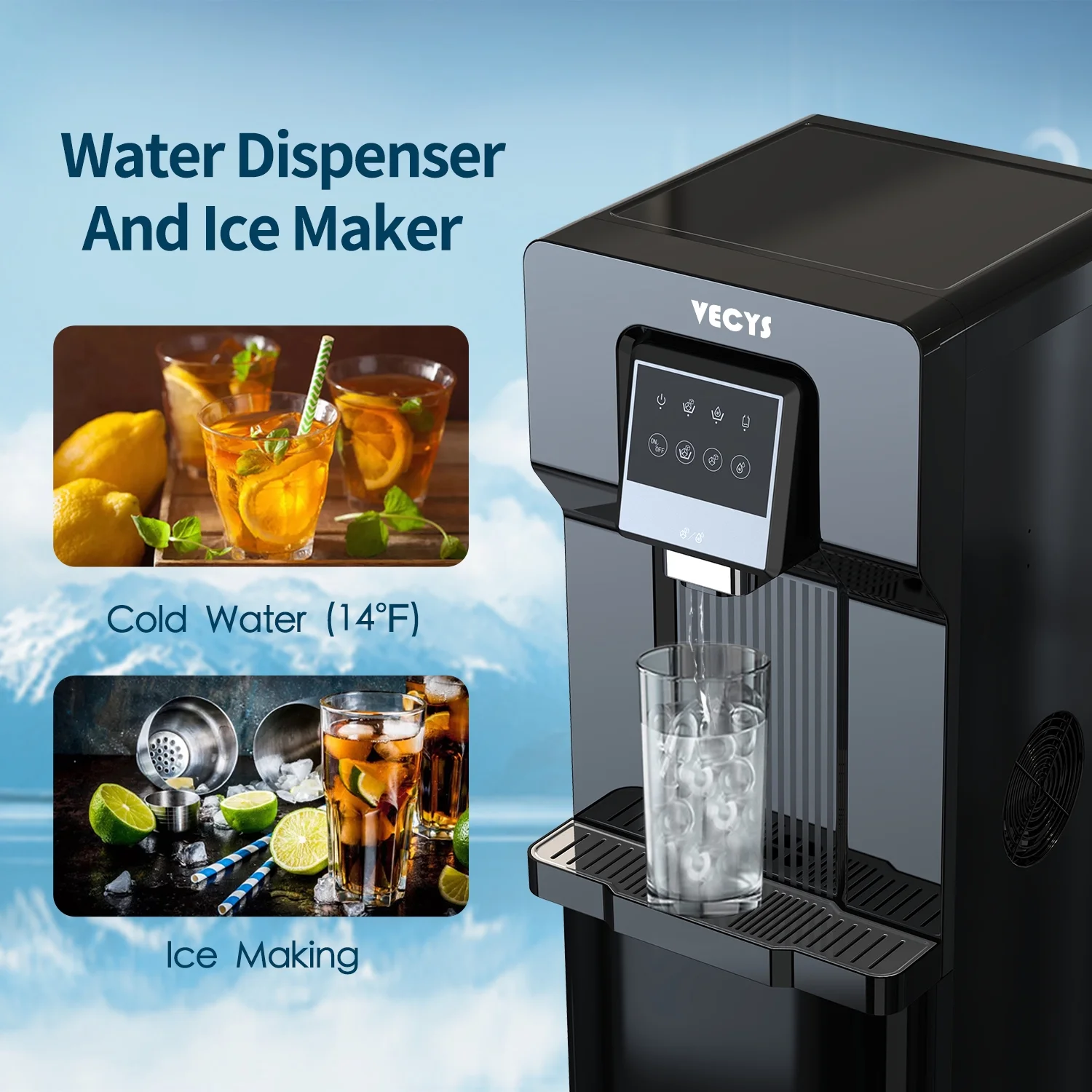 VECYS Water Dispenser with Ice Maker, 26LBS Daily Ice Making and Cold Water Supply, Bottom Loading Cooler Compatible with 3 or 5 Gallon Bottles