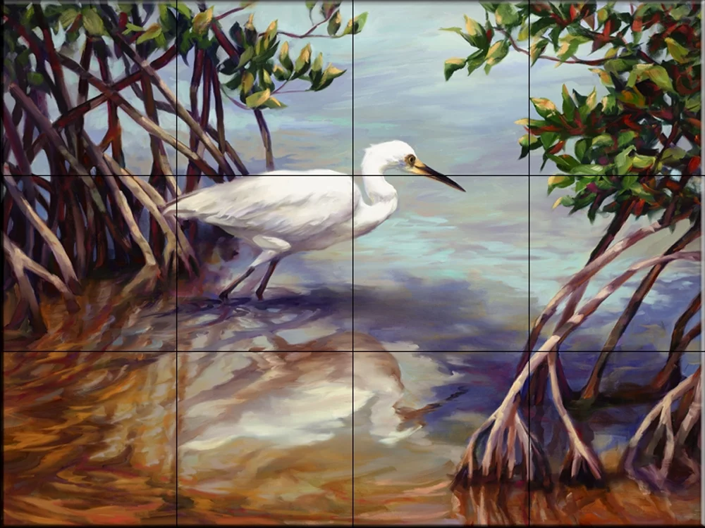 Ceramic Tile Mural - Heron Walking on Water - by Laurie Snow Hein - Kitchen backsplash / Bathroom shower