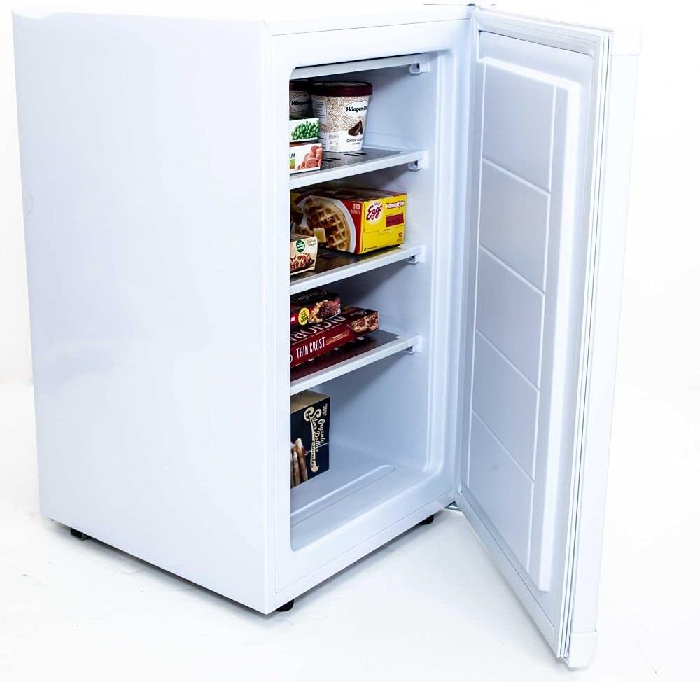 Avanti VF306 Compact Upright Freezer with 3 Metal Shelves, Adjustable Temperature Control, Flush-Back Design Perfect for Homes, Garages, Basements