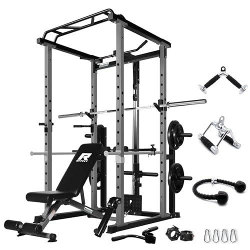 RitFit Power Cage with Optional LAT PullDown/Cable Crossover/Smith Machine System, 1000LB Squat Rack for Home & Garage Gym