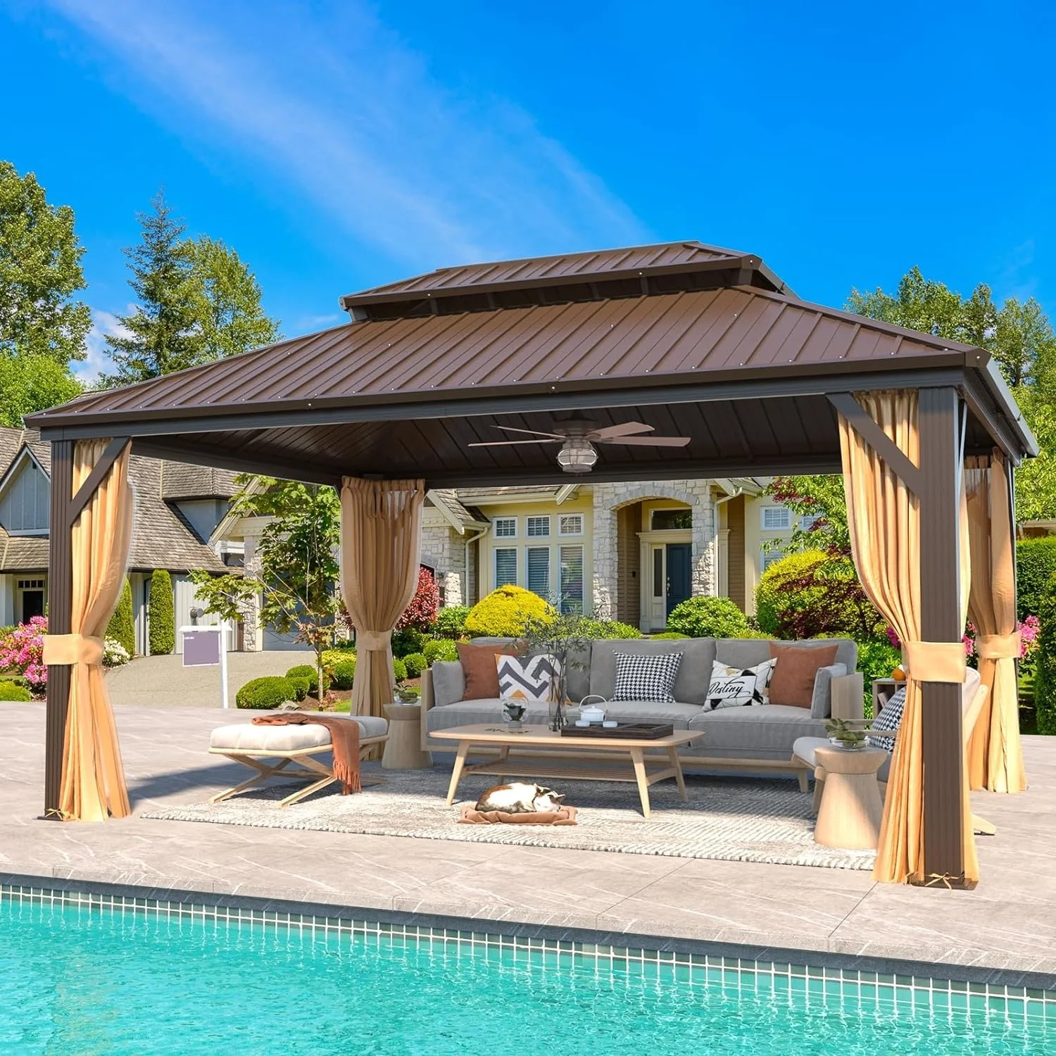 Erommy Outdoor Hardtop Gazebo with Galvanized Steel Double Roof & Aluminum Frame, Outdoor pergola with Premium Curtains and Nettings 12'x16'