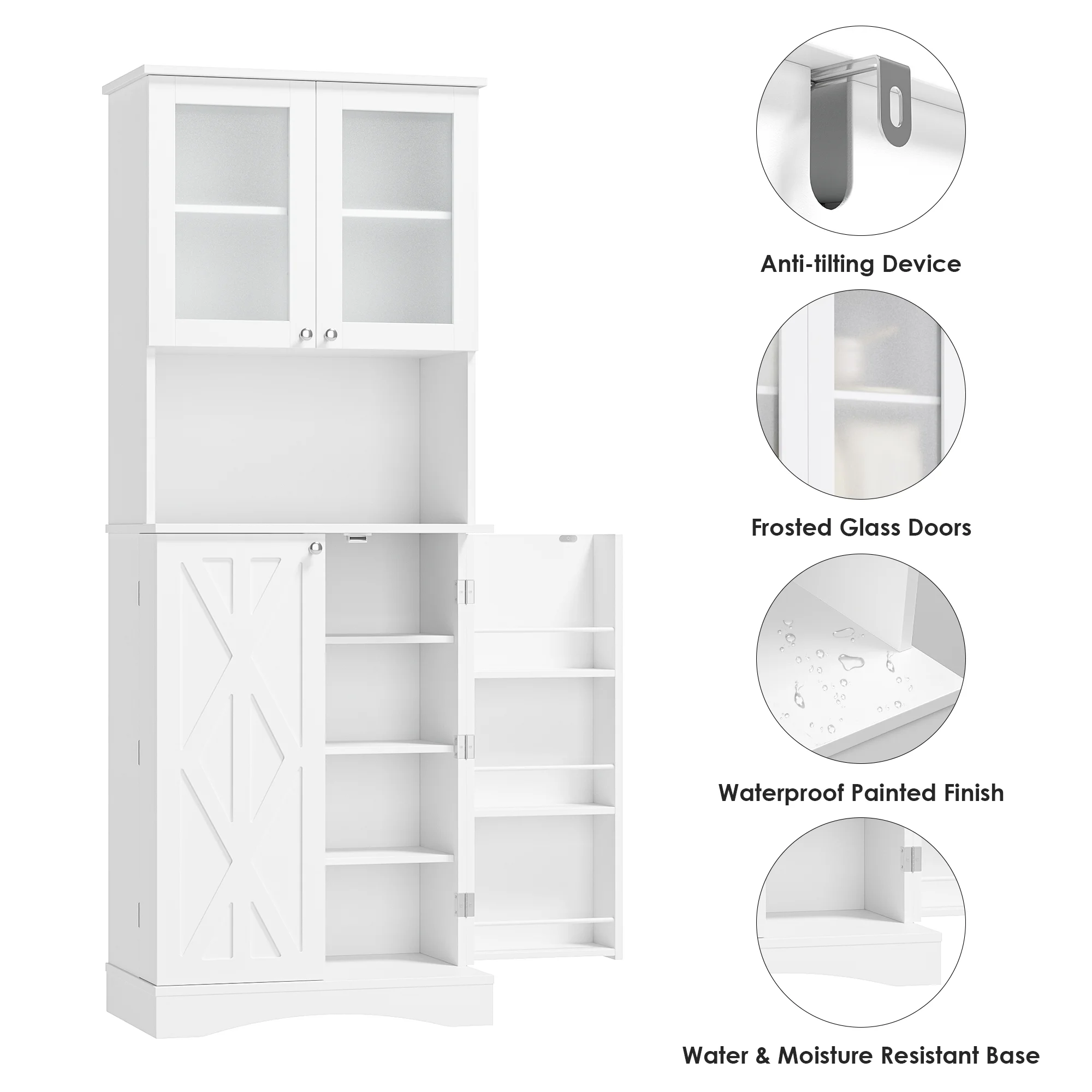 Homfa 63'' Food Pantry Cabinet, 4 Doors Kitchen Storage Cabinet with Adjustable Shelves, Microwave Cabinet for Dining Room, White