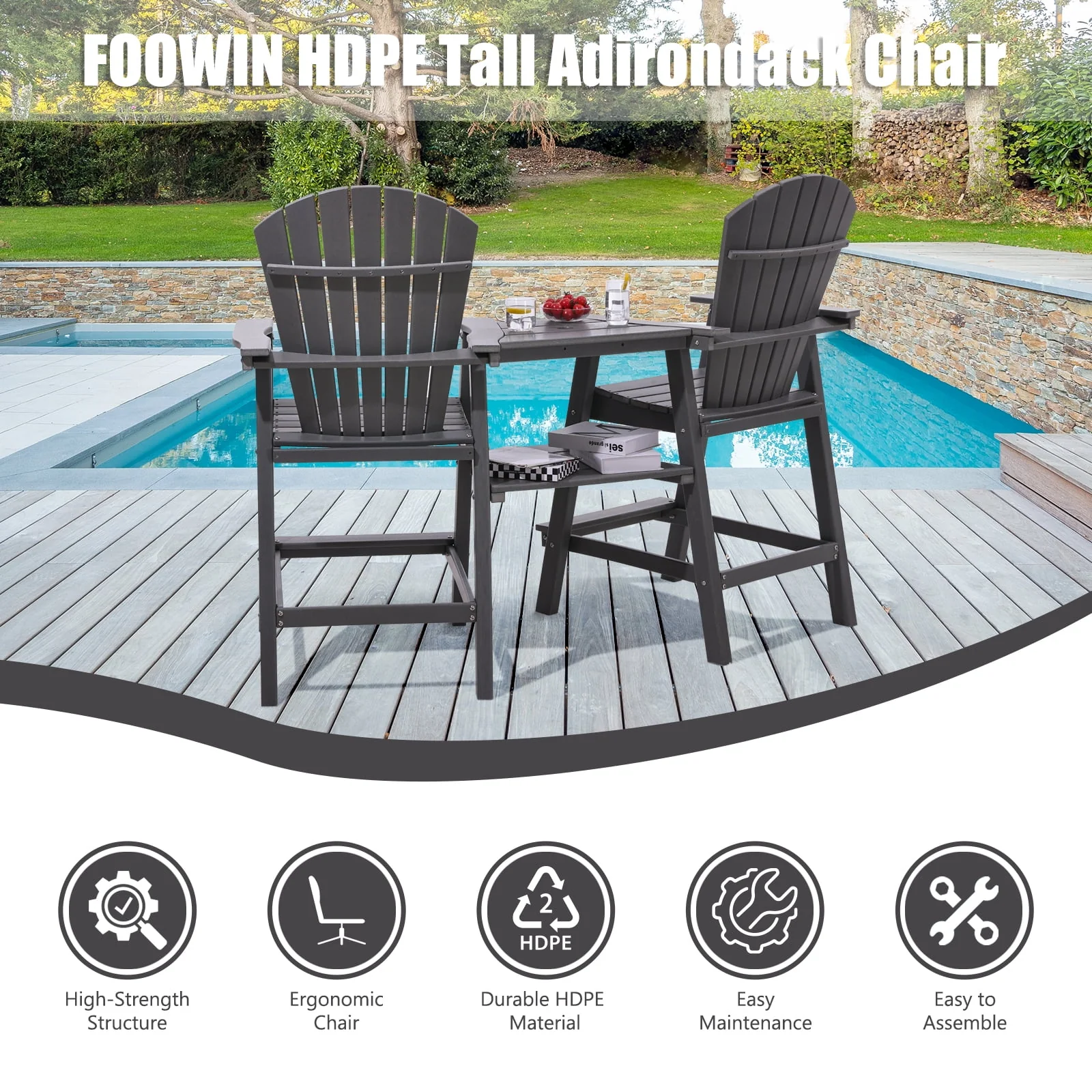 Tall Adirondack Chairs Set of 2 .Outdoor Adirondack Barstools with Double Connecting Tray Patio Stools Weather Resistant for Outdoor Deck Lawn Pool