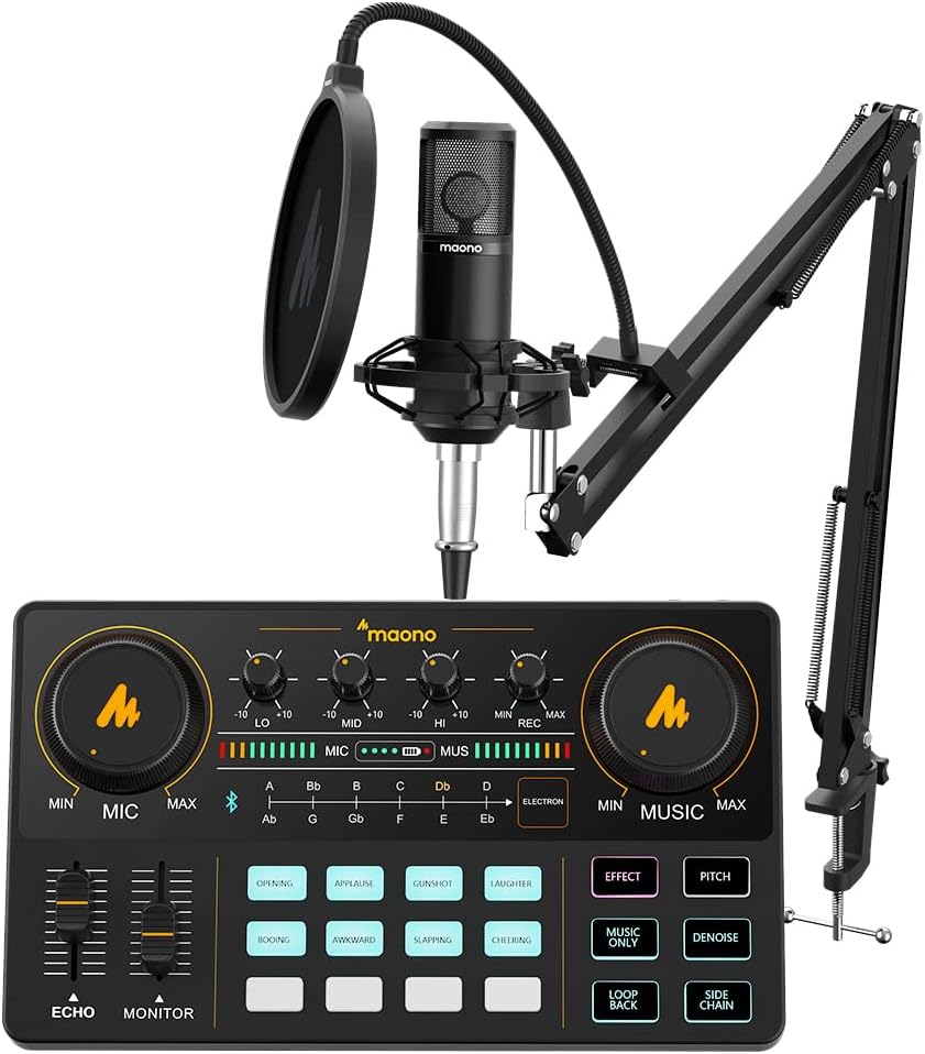 Audio Interface with DJ Mixer and Sound Card, Maonocaster Lite Portable ALL-IN-ONE Podcast Production Studio withMicrophone for Guitar