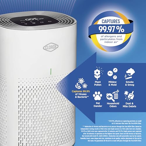 Clorox Air Purifiers for Home, True HEPA Filter, XL Rooms up to 2,220 sq ft, Removes 99.9% of Mold, Viruses, Wildfire Smoke, Allergens, Pet Allergies