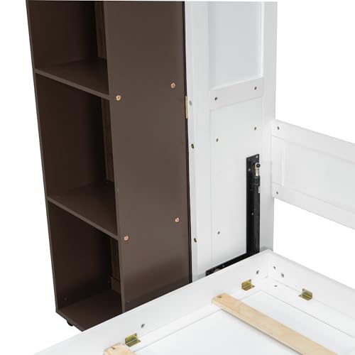 Queen Size Murphy Bed with Sofa, Shelves, USB & Light, Can be Folded Wall Bed and Tall Cabinet with Glass Doors& Wine Rack