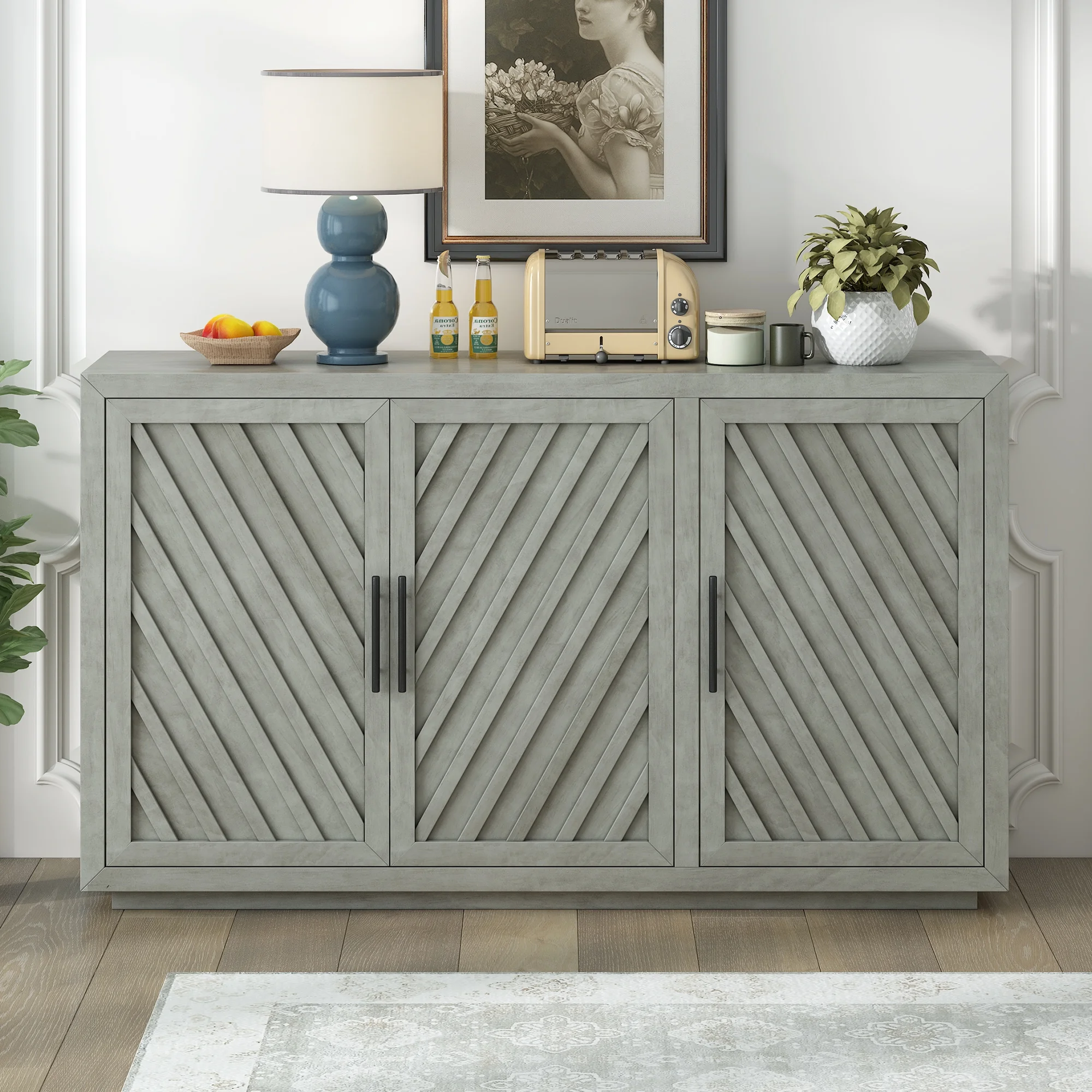 Churanty 3 Doors Large Storage Vintage Sideboard Cabinet, 60'' Retro Sideboard with Adjustable Shelves