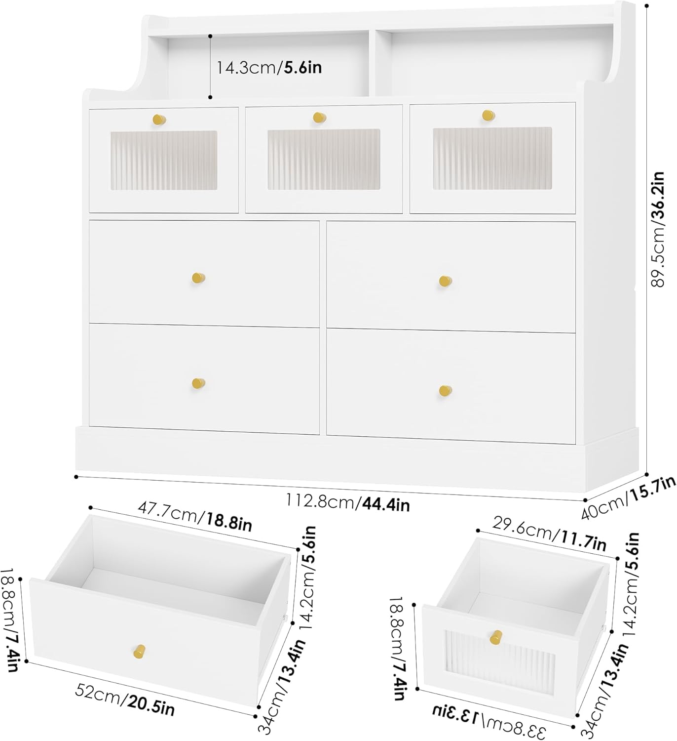 finetones 7 Drawer Dresser, White Dresser Double Dresser with Shelves, White and Gold Dresser, Wide Chest of Drawers, Dressers & Chests of Drawers