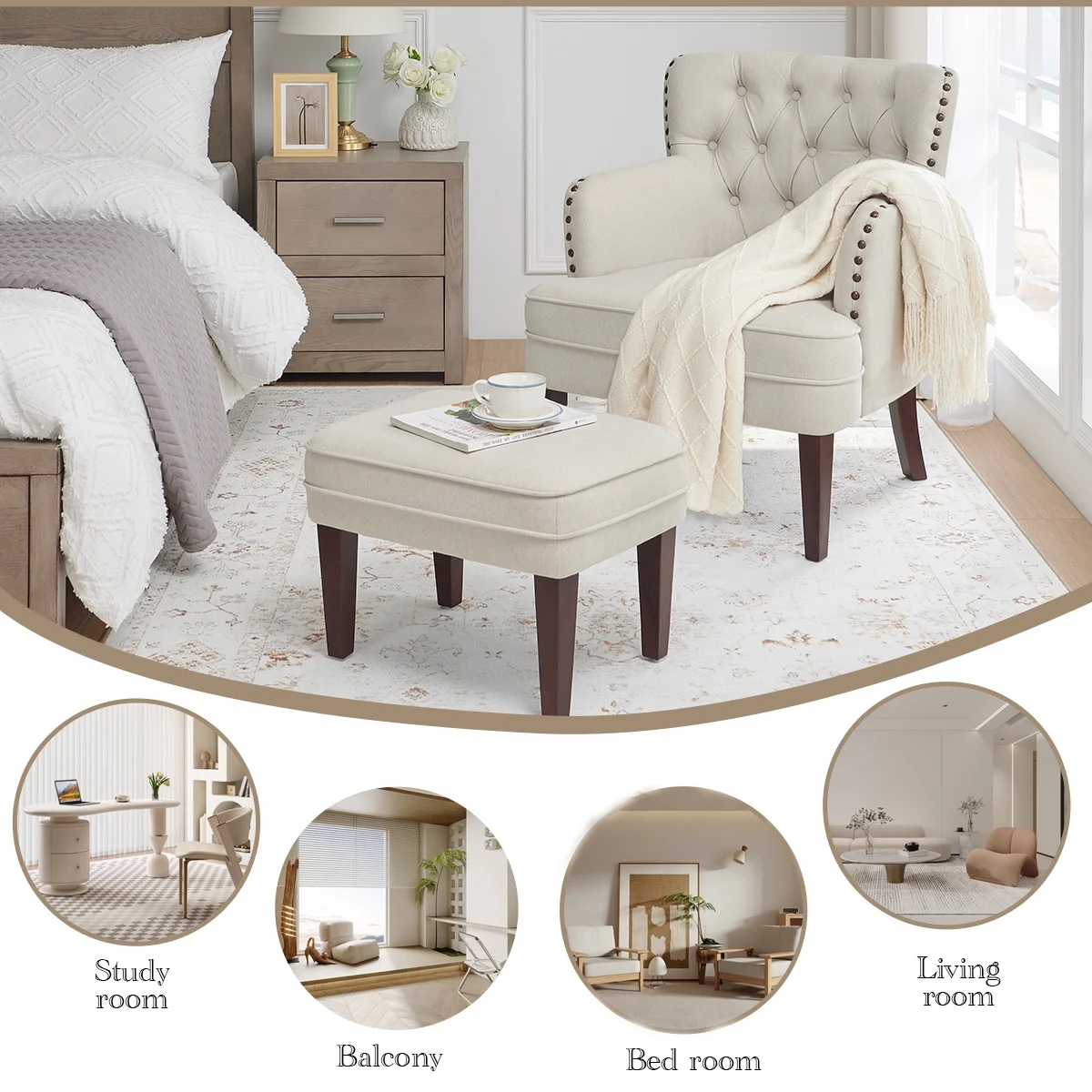 L'AGRATY Accent Chair with Ottoman, Tufted Armchair and Ottoman for Bedroom Living Room, Beige