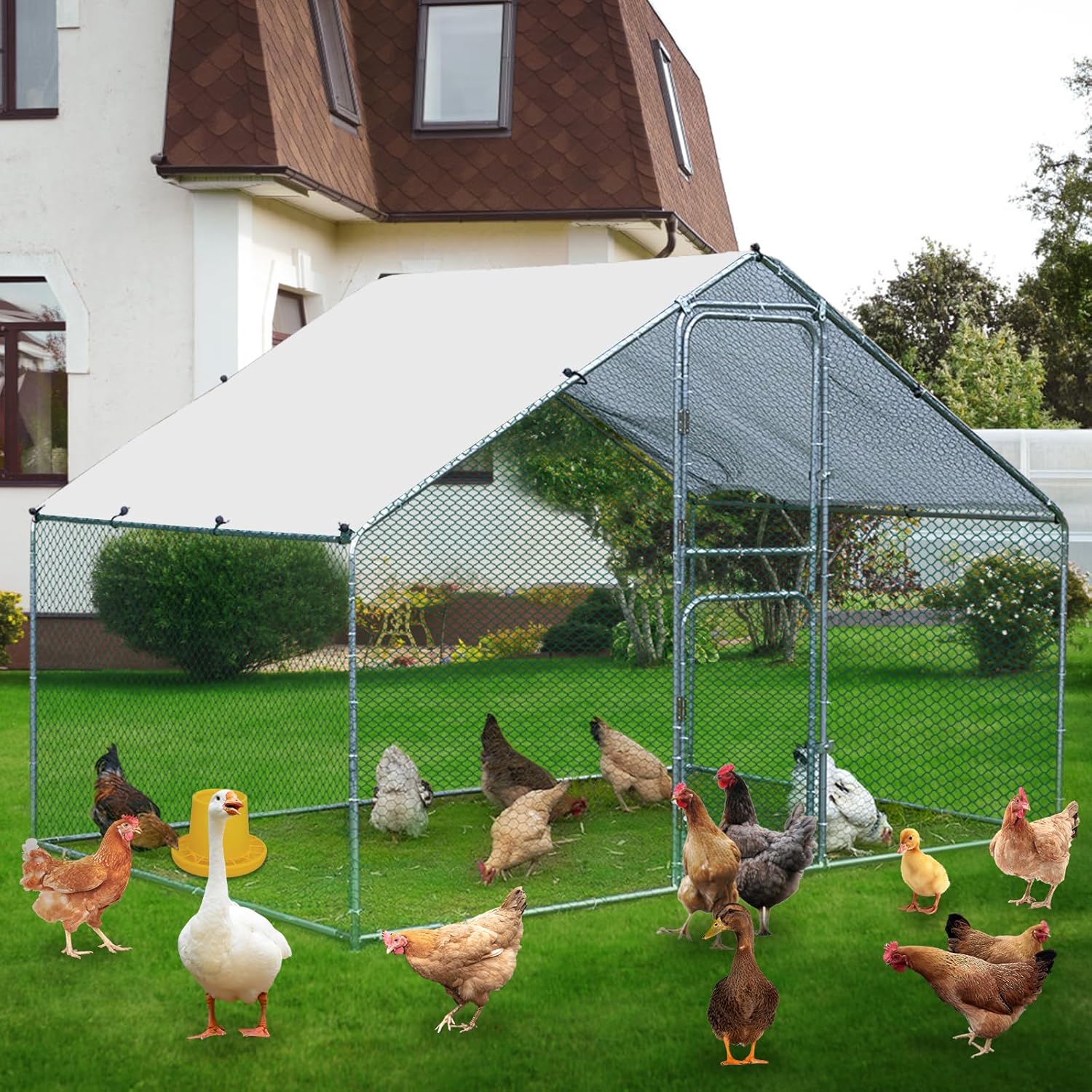 Large Metal Chicken Coop Chicken Run, Walk-in Poultry Cage Chicken Runs House, Chicken Pen with Water-Resident, Anti-UV Cover Support 15-20 Chickens
