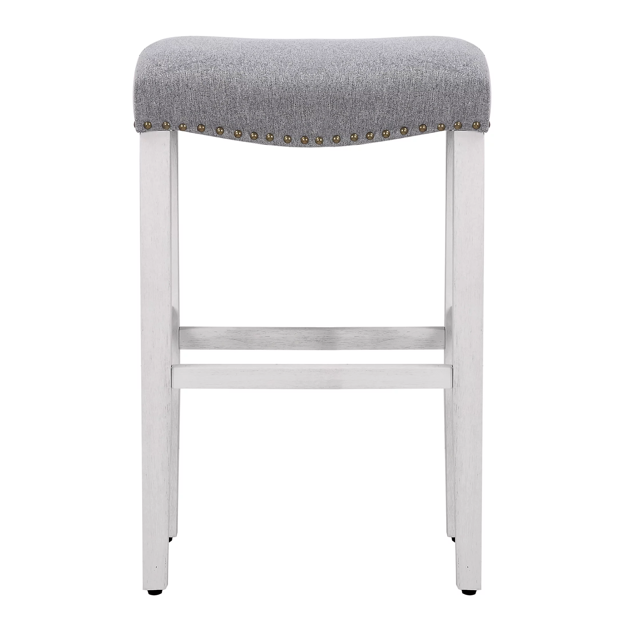 WestinTrends Barstools Bar Height Set of 2, 29" Farmhouse Kitchen White Wooden Saddle Stool Chair, Linen Upholstered Cushion with Solid Wood Leg, Gray