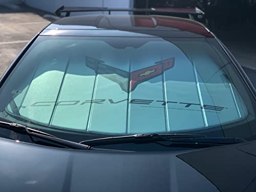 C8 Corvette Accordion Style Sunshade - Insulated Silver Windshield Sun Shade with Logo Foldable for 2020-2025 Stingray, Z51, Z06, E-Ray Corvettes