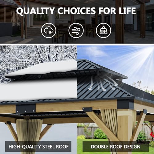 12'x12' Hardtop Gazebo, Outdoor Double Roof Galvanized Steel Gazebos, Aluminum Frame Permanent Pavilion with Curtains & Netting for Backyard, Patio