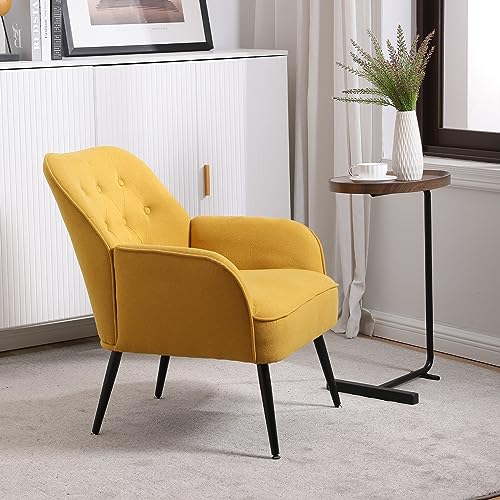 Linen Accent Chairs, Button-Tufted Bedroom Chair Mid Century Modern Armchairs with Black Metal Legs Upholstered Accent Chair Living Room Chairs