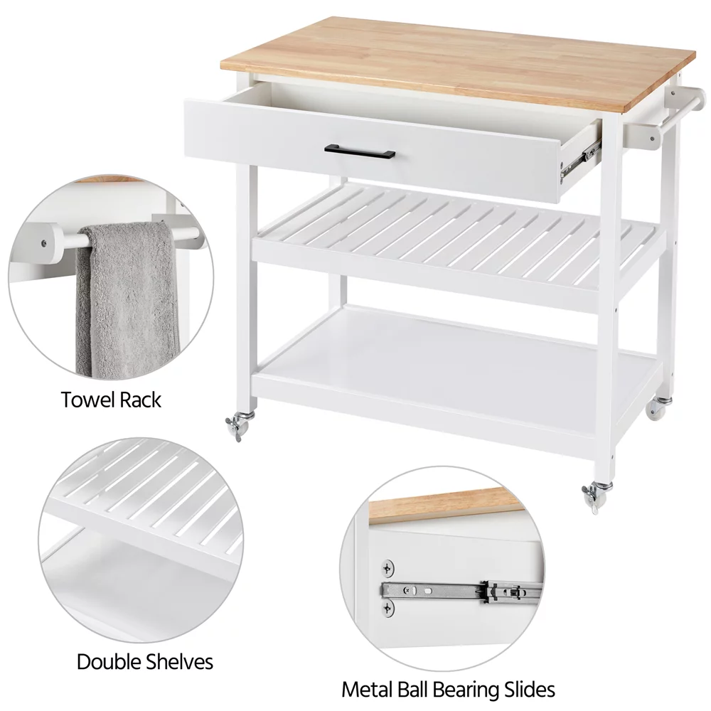 Topeakmart Kitchen Island Cart with Wheels Storage Drawer Solid Wood Countertop, White