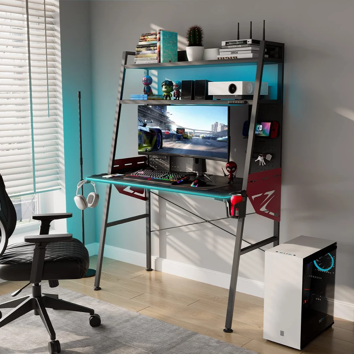 KHBIULIFE ERGONOMIC LED Gaming Desk with Shelves  Dual Pegboards  43''