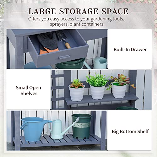 Outsunny Potting Bench Table, Garden Work Bench, Outdoor Wooden Workstation with Tiers of Shelves and Drawer for Patio, Courtyards, Balcony, Brown