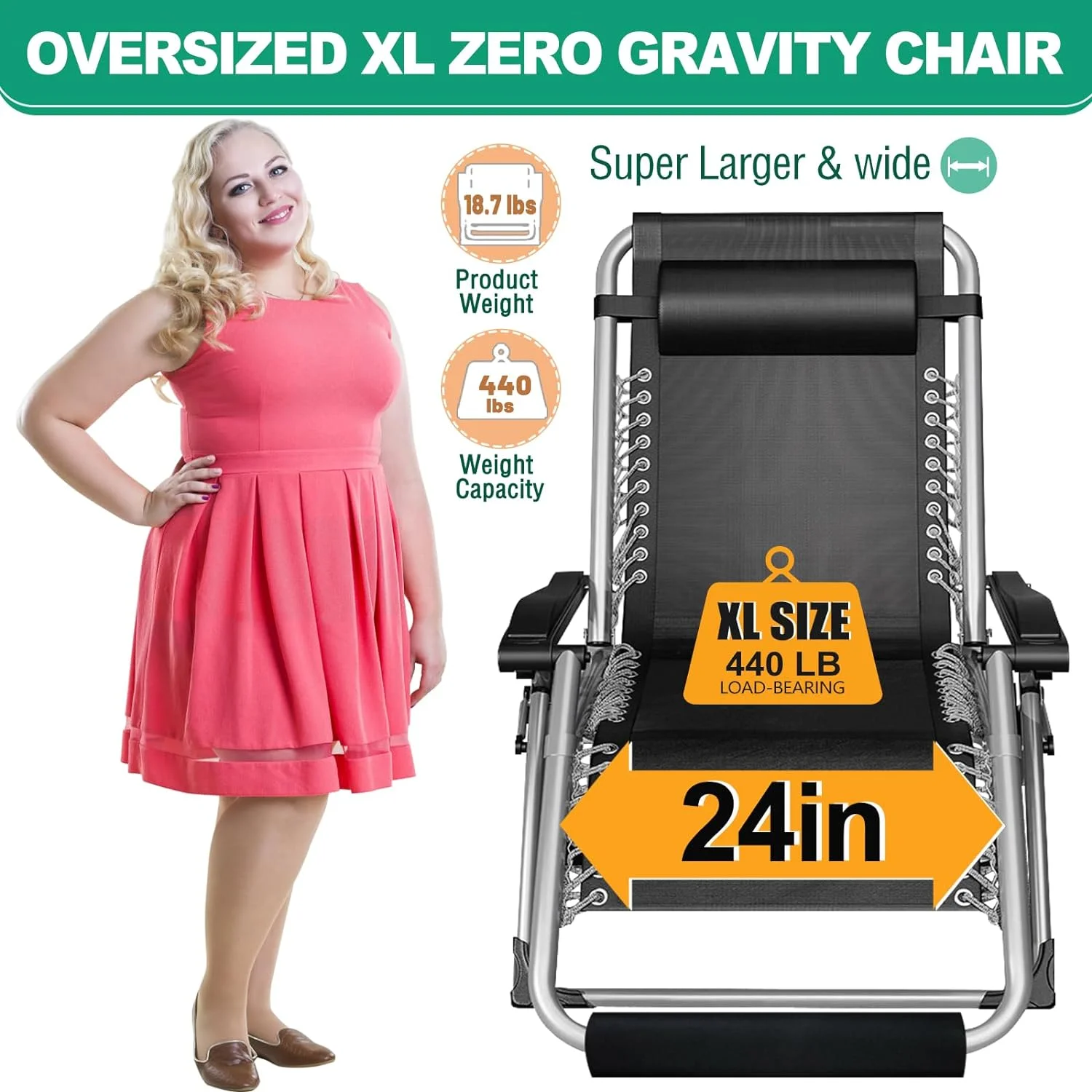 Slsy XL Zero Gravity Chair, Oversized XL Folding Reclining Lounge Chair with Removable Cushion & Tray for Indoor and Outdoor