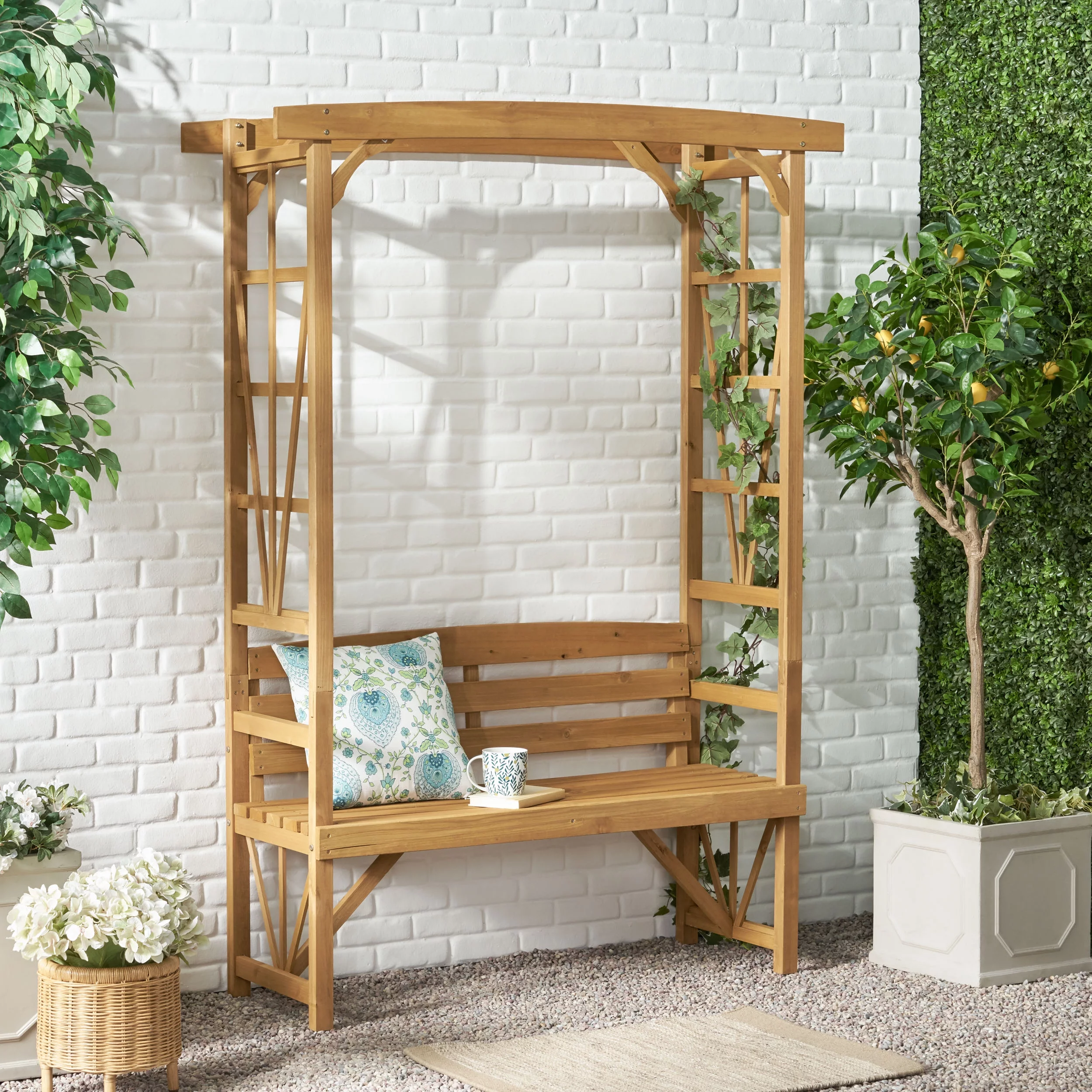 GDF Studio Edmonton Outdoor Fir Wood Arbor Bench, Teak