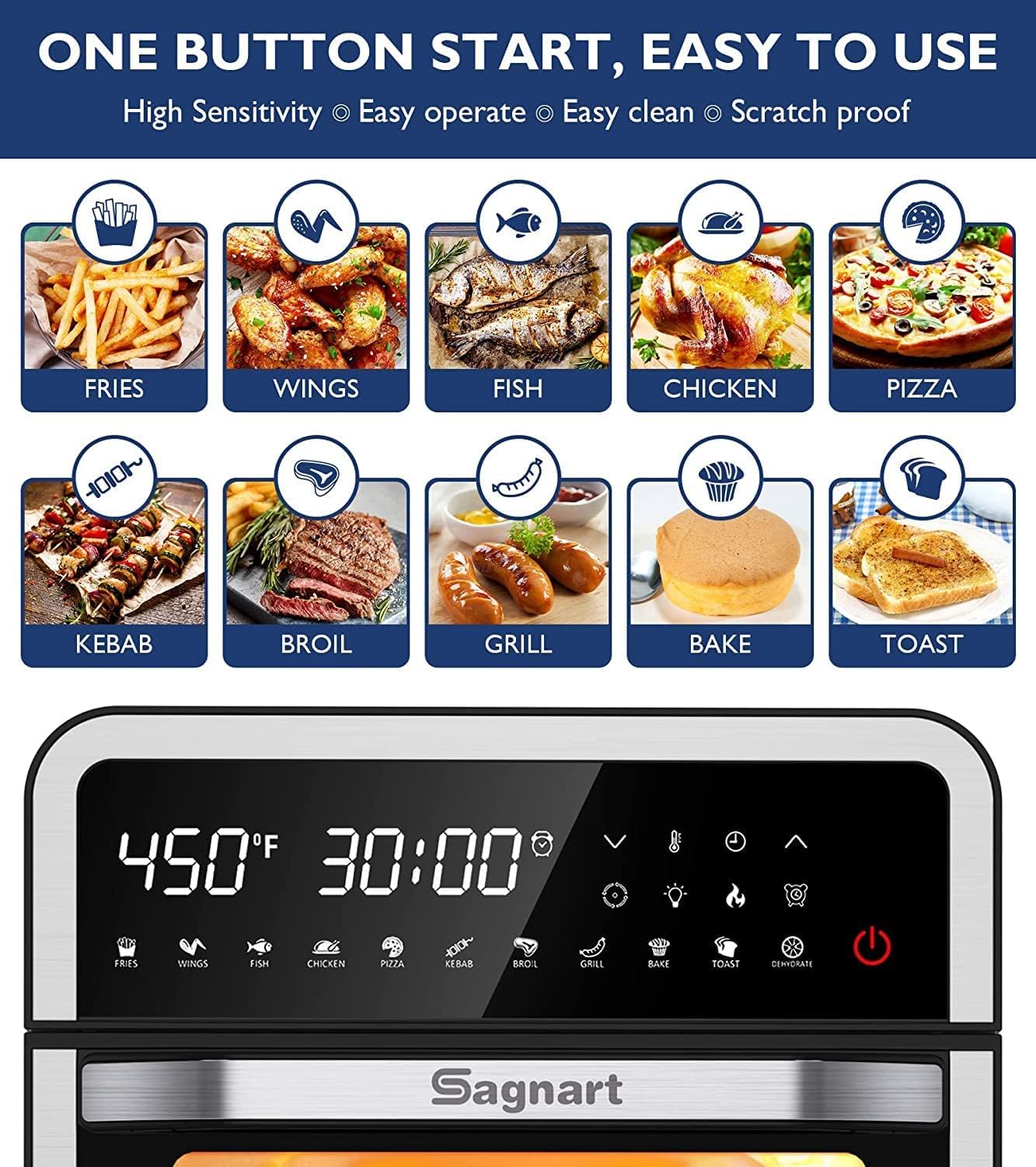 14-in-1 Air Fryer Oven, Sagnart 16 Quart Stainless Steel Air Fryers Toaster Oven with 11 Presets, 1600W LCD Touch Screen Air Fryer