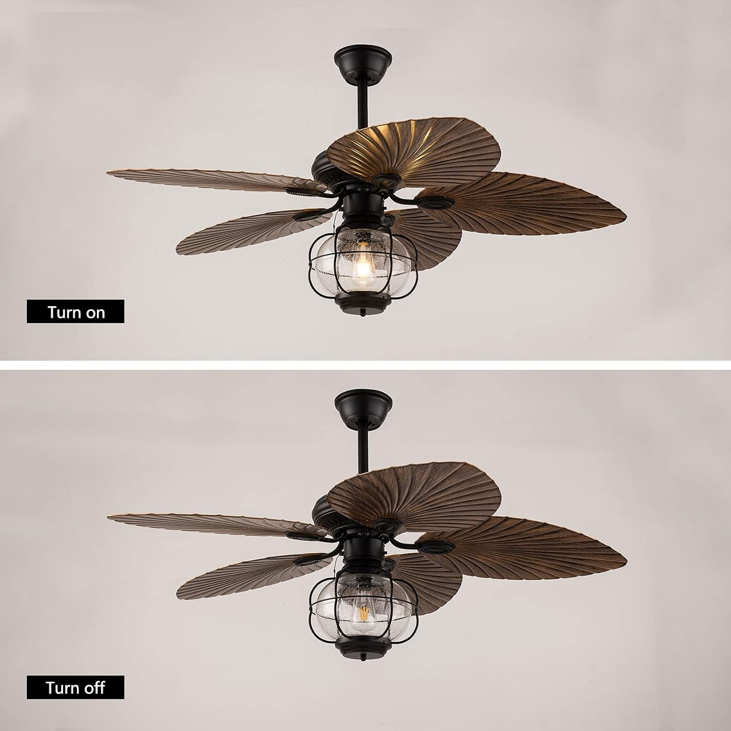 Tropical Ceiling Fans with Light 52 Inch Palm Leaf Ceiling Fan 5 ABS Palm Blades Glass Lampshade Chandelier Lighting Fixture 3-Speed Changes w/Remote