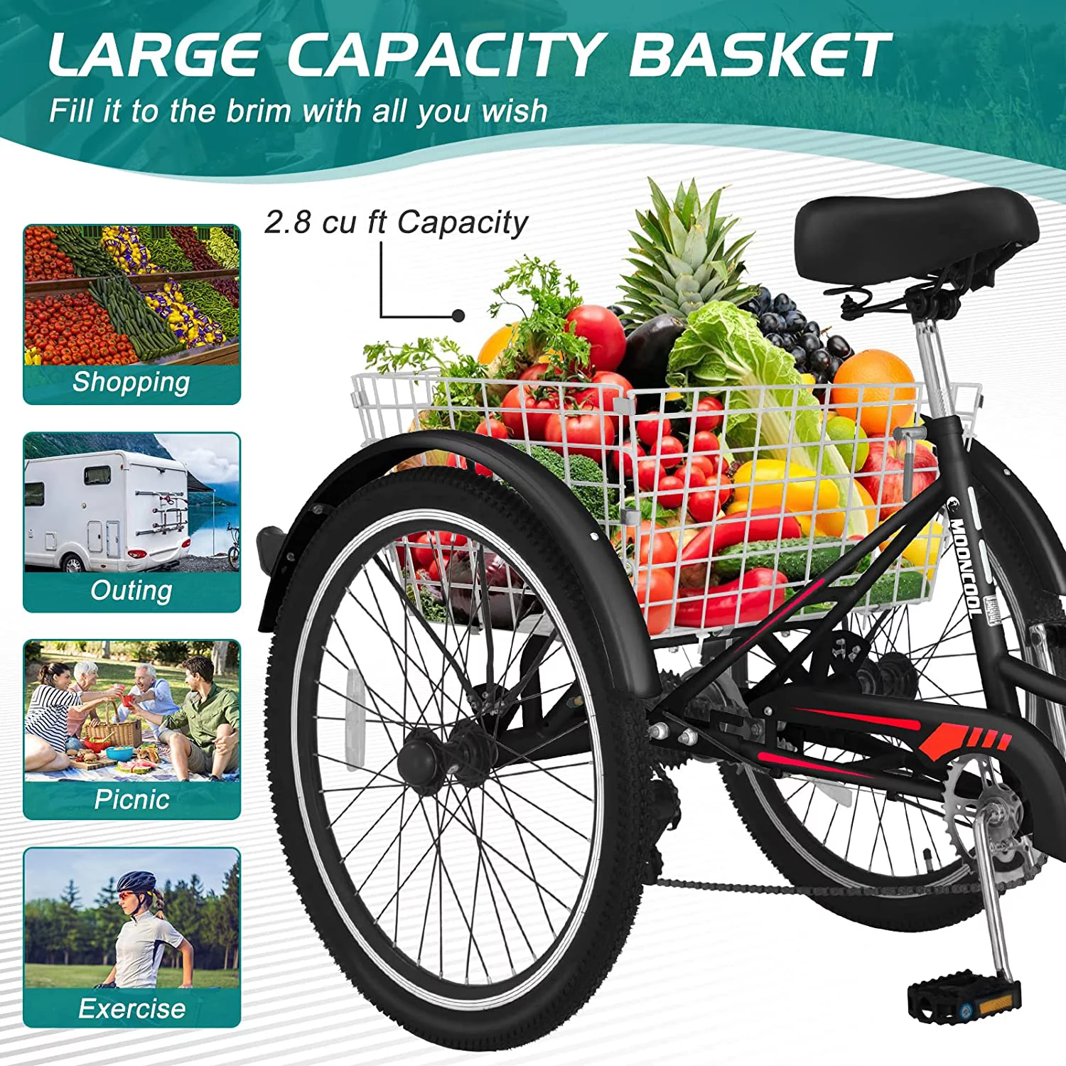 Docred Adult Tricycle 7 Speed 24 Inch Three Wheel Bike Cruiser Trike for Men/Women/Seniors
