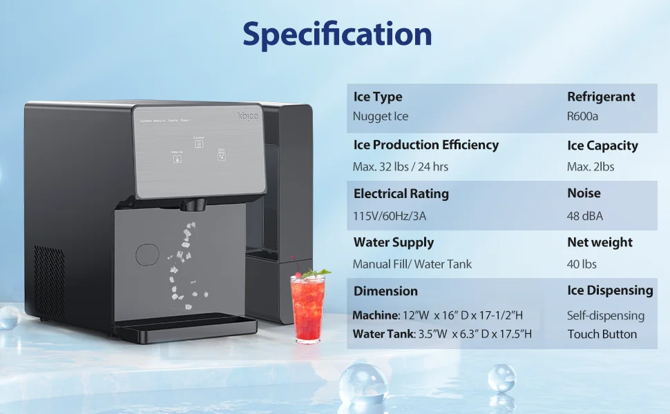 KBICE 3.0 Self Dispensing Countertop Nugget Ice Maker, Crunchy Pebble Ice Maker with Water Tank