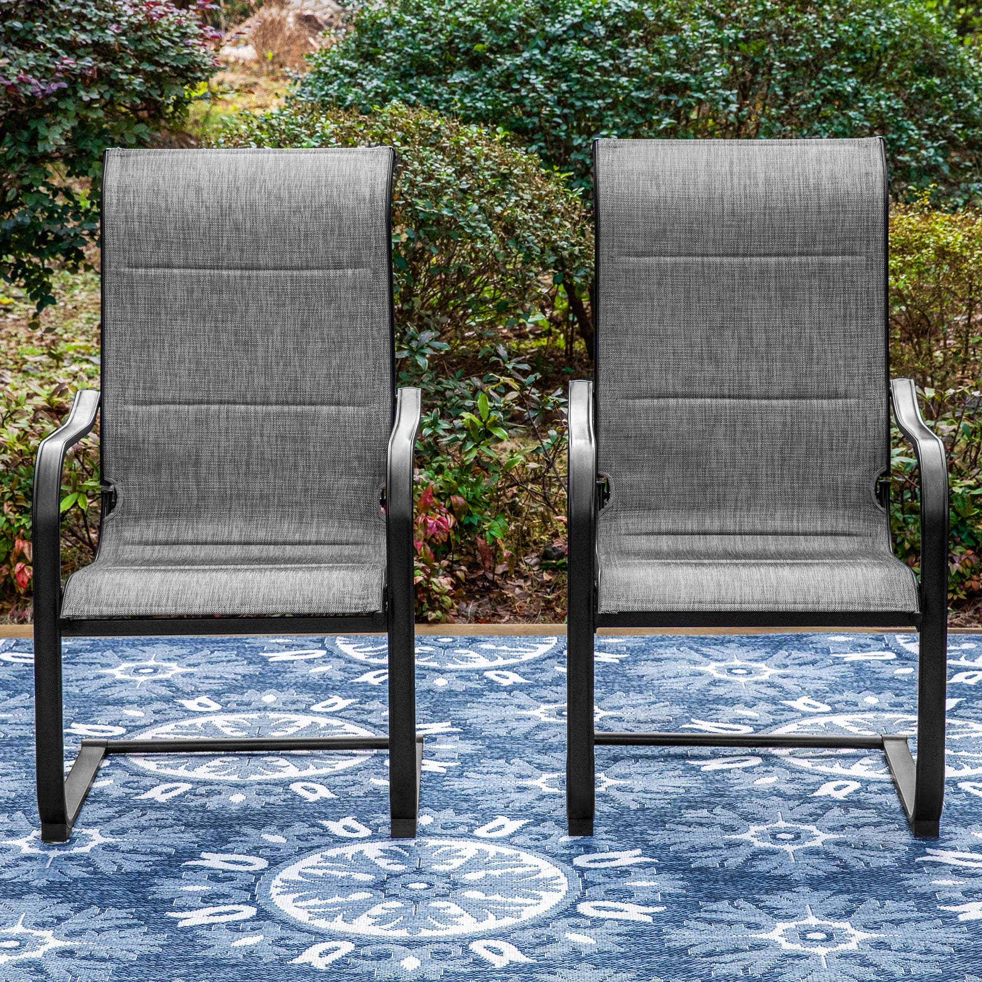MF Studio 7 Pieces Outdoor Patio Dinning Set with 6 C Spring Textilene Chairs and 1 Metal Extendable Dining Table for 6 Person,Black&Gray
