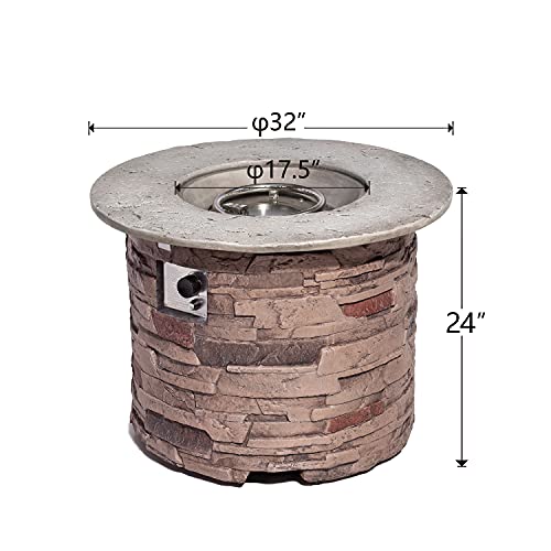 COSIEST Outdoor Propane Concrete Fire Pit Table w Imitation Stone Surface 32-inch Round Fire Table, CSA Certified, 40,000 BTU Stainless Steel Burner