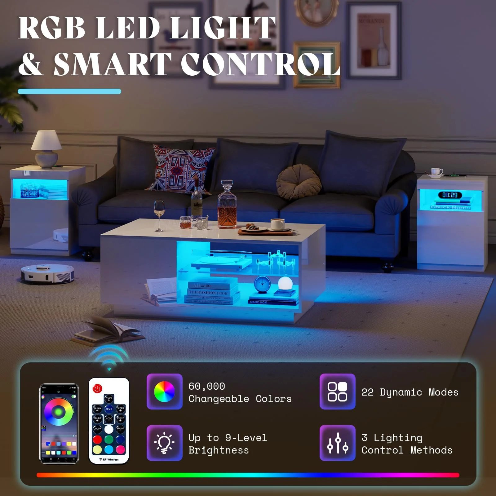 AMERLIFE 4-Piece Living Room Table Set, Includes 70 Inch Fireplce TV Stand, Modern Coffee Table, LED Light Nightstands Set of 2