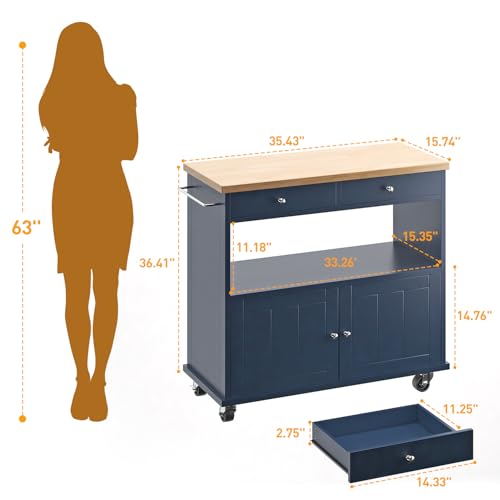 Rolling Kitchen Island with Storage Cabinet, 35.4'' Width Kitchen Cart, 2 Drawers Island Table, Portable Mobile Kitchen Island with Towel Rack