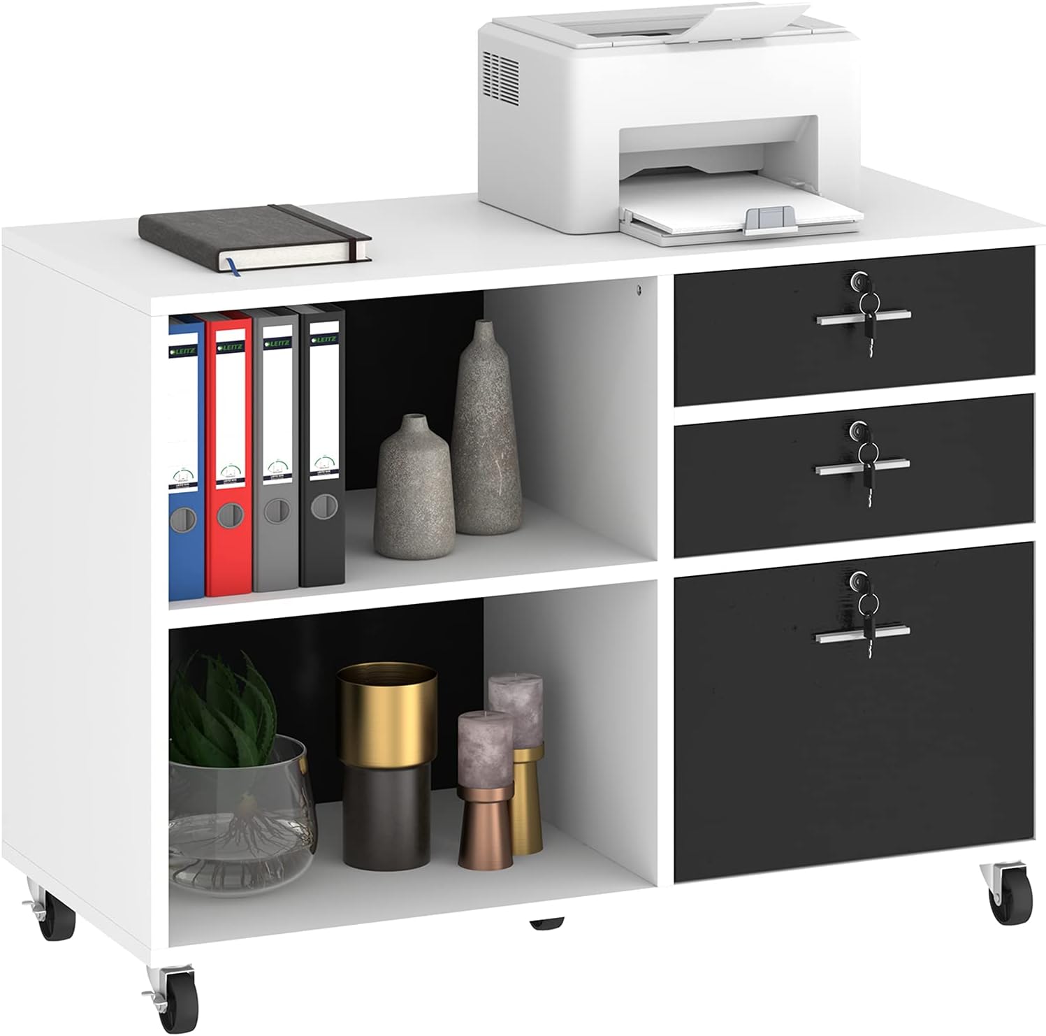 YITAHOME Wood File Cabinet, 3 Drawer Mobile Lateral Filing Cabinet, Storage Cabinet Printer Stand with 2 Open Shelves for Home Office Organization